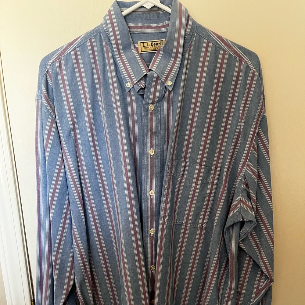 LL Bean. Men’s lg long sleeve casual shirt. Blue and mauve in color.